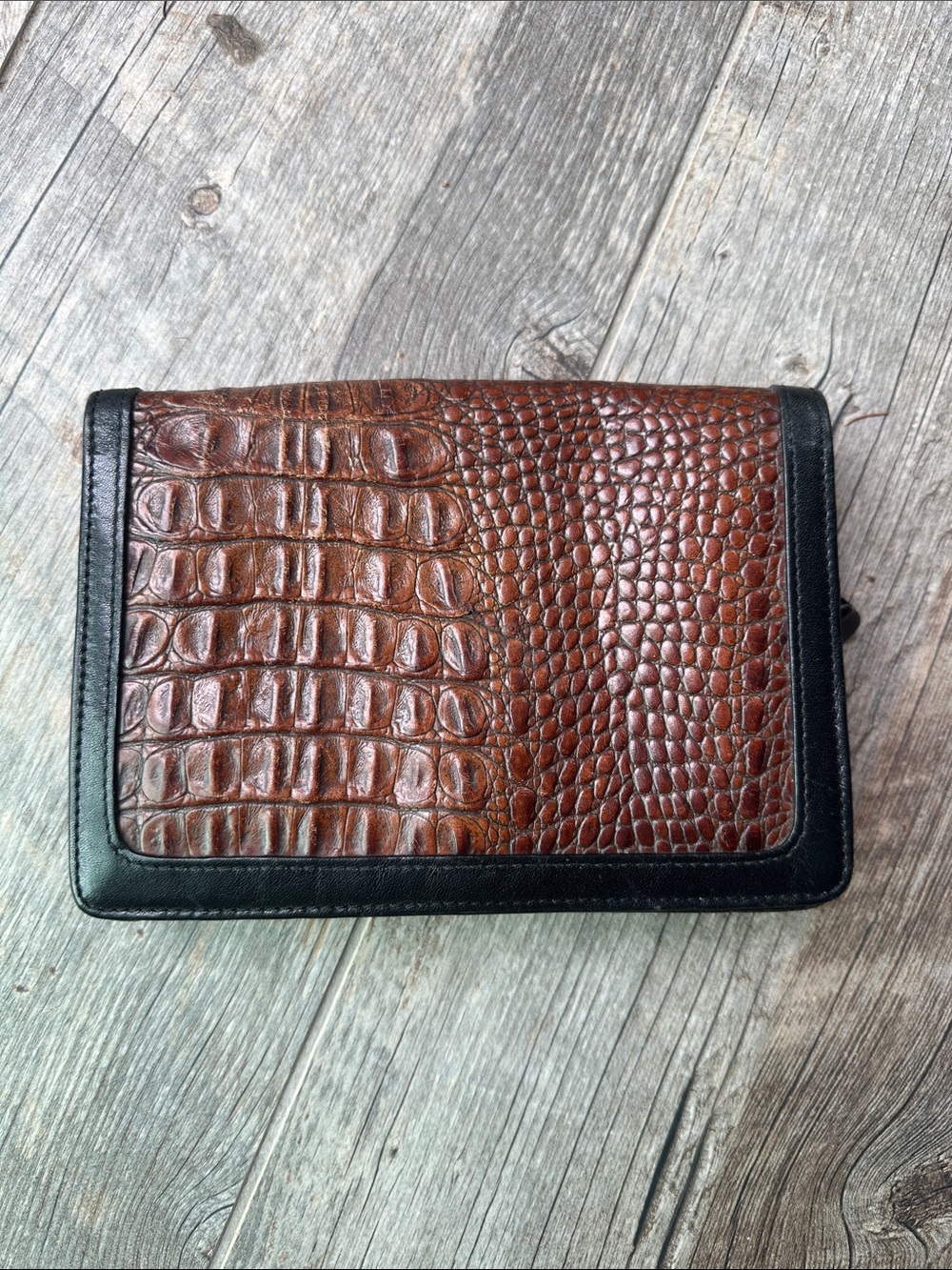 Brahmin Brown Croc-Embossed Leather Wallet with Black Trim